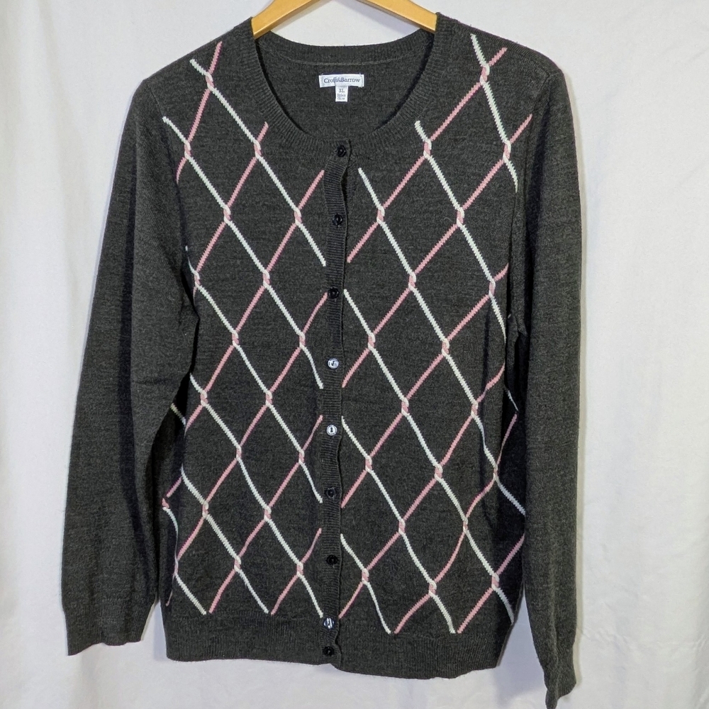 Croft & Barrow Gray W/Pink & White Cardigan, Casual, Career, Classic Sz XL‎